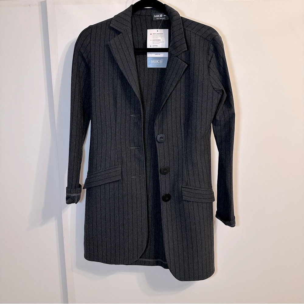 Miik Kenia long blazer in charcoal pinstripe in xs new